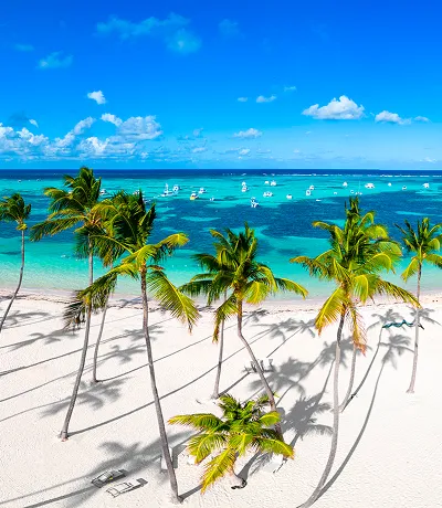 Panorama aereo della spiaggia di sabbia bianca di Bavaro, Repubblica Dominicana