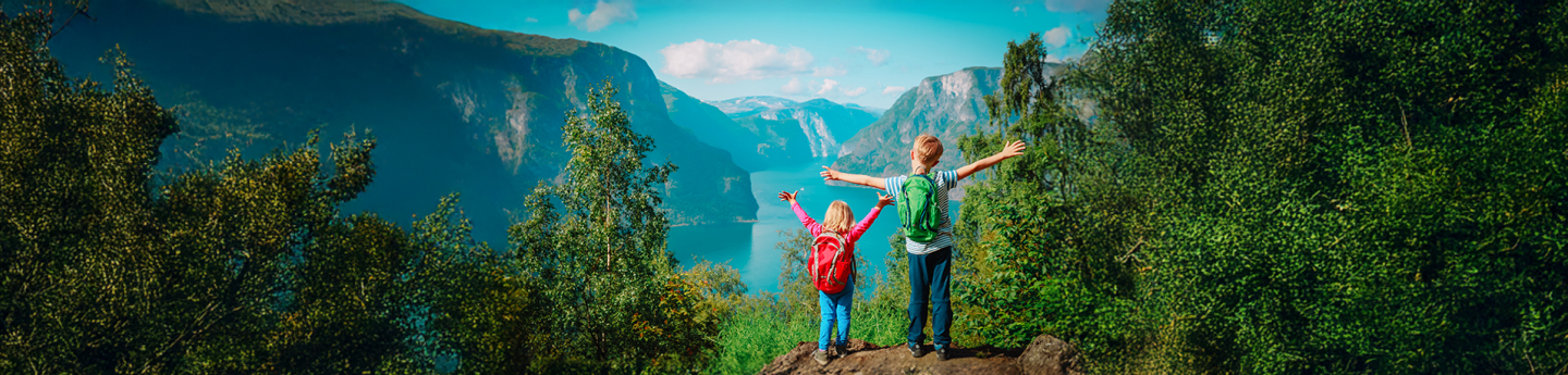 bambini di spalle con vista su fiordo norvegese e vegetazione